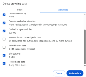 Screenshot of delete browsing data on Windows Chrome. 