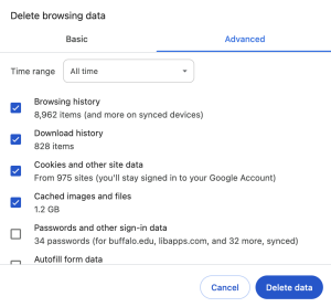 Screenshot of how to clear your cache on Chrome for Mac. 