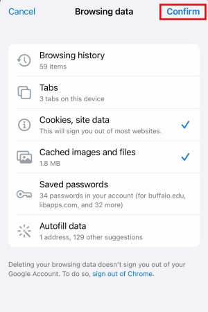Screenshot of how to clear your cache on Chrome with iOS. 