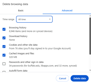 Screenshot of delete browsing data on Windows Chrome. 