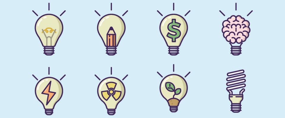 Graphic of eight lightbulbs sparking different ideas. 