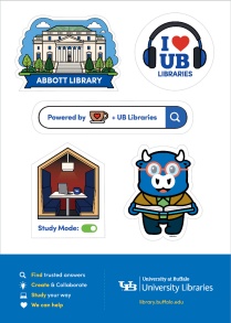 Sticker sheet with 5 UB Libraries themed stickers. 