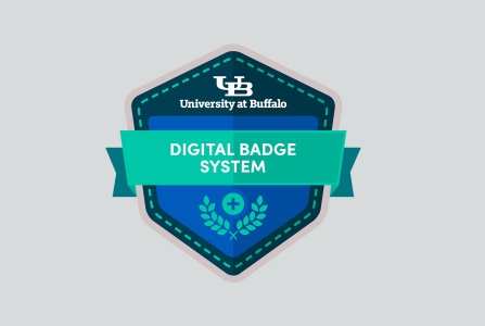 University at Buffalo Digital Badge System icon on a gray background. 