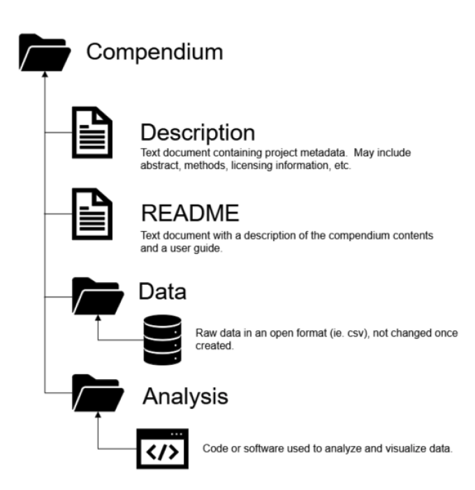 Screenshot of an example of a small research compendium, including description, README, data, and analysis. 