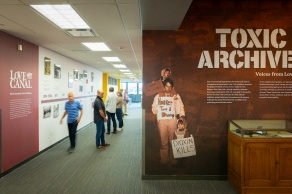 Picture of Silverman Library's third floor Love Canal exhibit. 