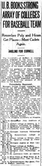 U.B. BOOKS STRONG ARRAY OF COLLEGES FOR BASEBALL TEAM. 