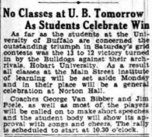 No Classes at U. B. Tomorrow As Students Celebrate Win. 