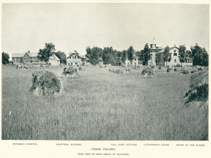 Rear view of main group of buildings, Craig Colony Medical Library. 