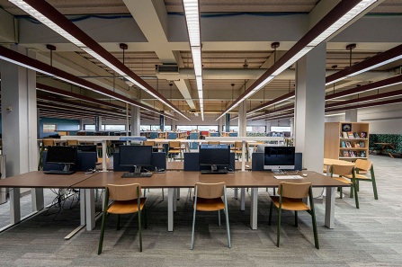 Photo of the computers in Lockwood Library's second floor study area. 