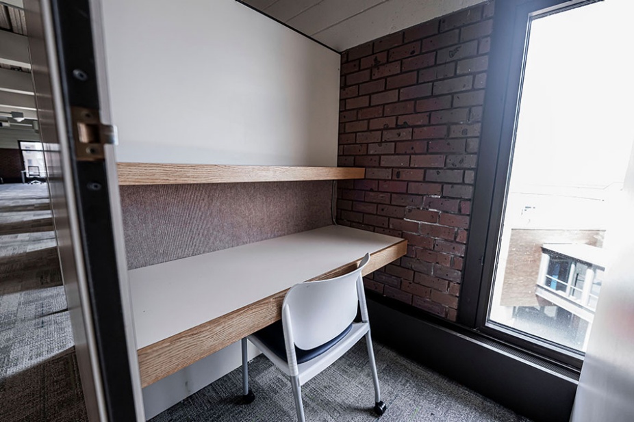 Photo of the Lockwood Library fourth floor open study carrels. 