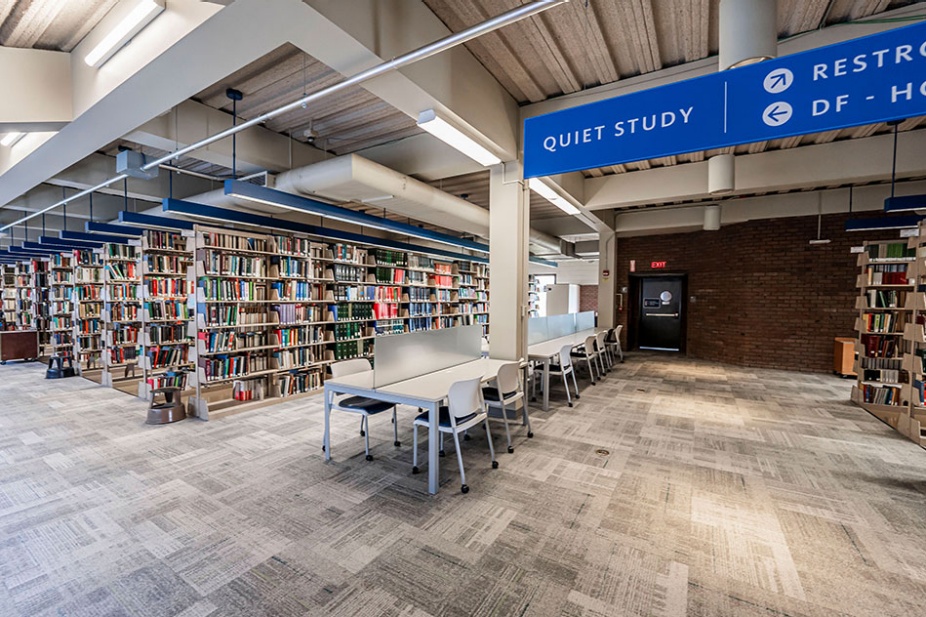 Photo of the Lockwood Library fourth floor individual study seating. 