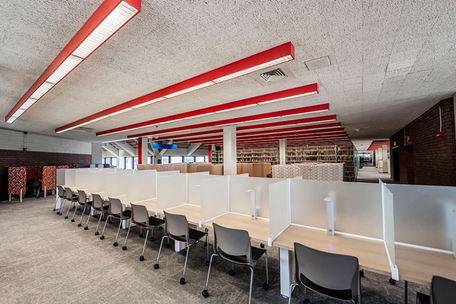 Photo of the Lockwood Library fifth floor individual study seating. 