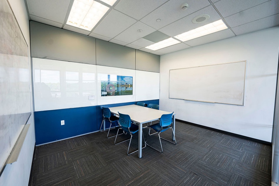 Photo of the Silverman Library third floor group study rooms. 