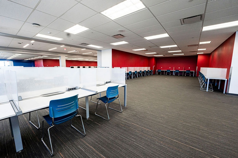 Photo of the Silverman Library East Lounge individual study seating. 