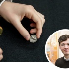 Graphic with a headshot of Nolan Mattison and an ancient coin on a black background. 