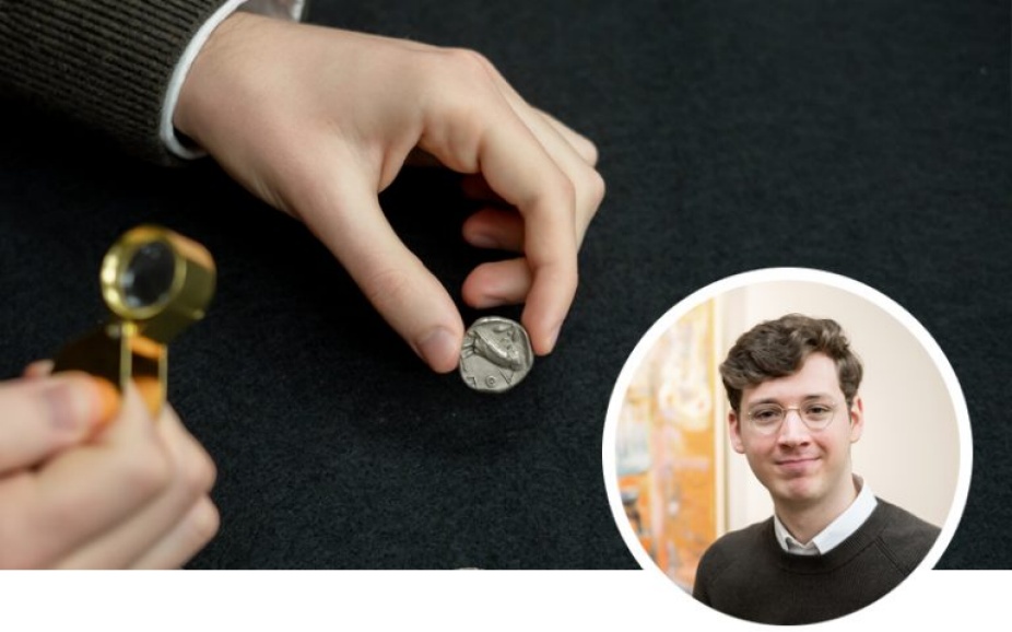 Graphic with a headshot of Nolan Mattison and an ancient coin on a black background. 