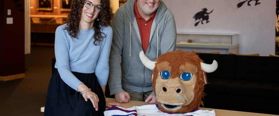 University Archives' Hope Dunbar and Bill Offhaus with the Wooly Bully Mascot. 