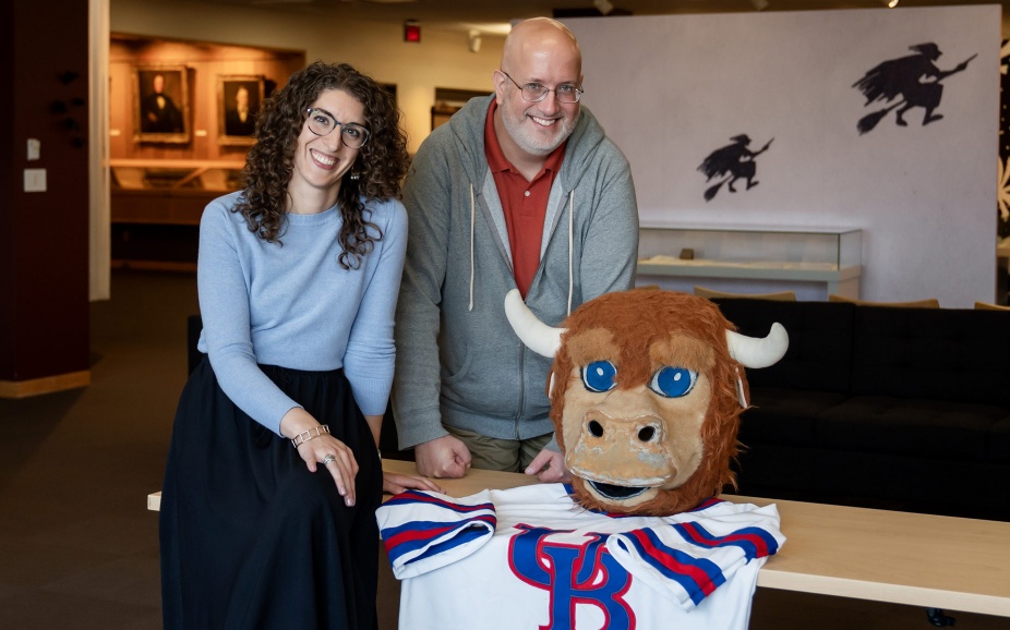 University Archives' Hope Dunbar and Bill Offhaus with the Wooly Bully Mascot. 