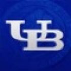 White UB logo over blue background. 