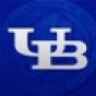 White UB logo over blue background. 