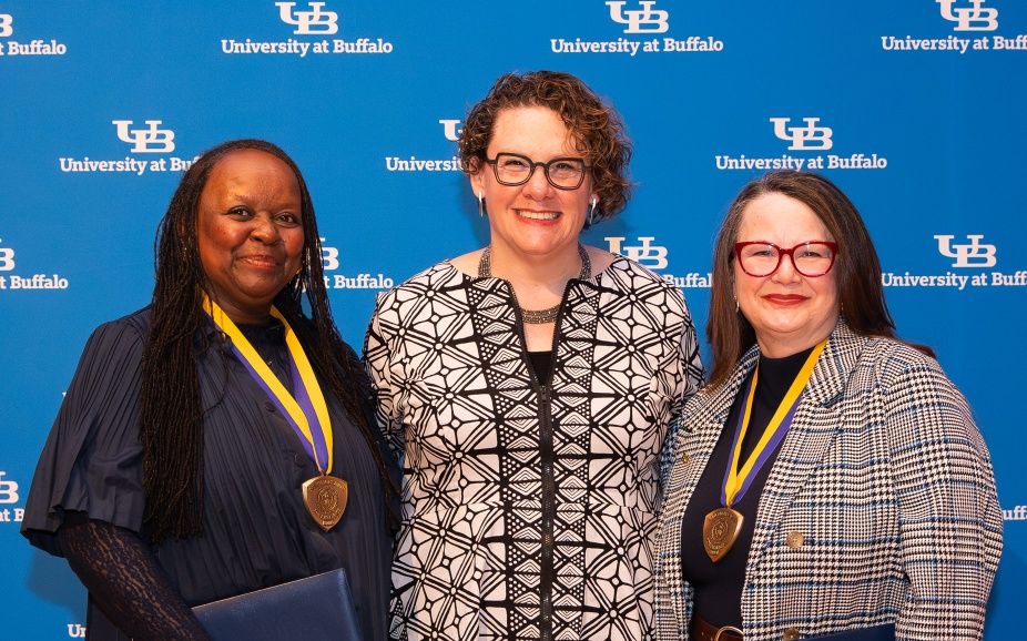 Ophelia Morey, Evviva Weinraub Lajoie, and Deborah Chiarella pose for a photo at the 22nd annual Celebration of Faculty and Staff Academic Excellence. 