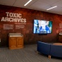 The Toxic Archives Love Canal exhibit on the third floor of Silverman Library, featuring the PBS documentary, “Poisoned Ground: The Tragedy at Love Canal.”. 