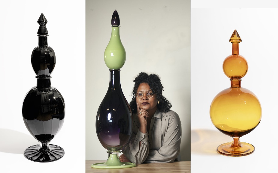 Crystal Campbell with her blown glass objects. 
